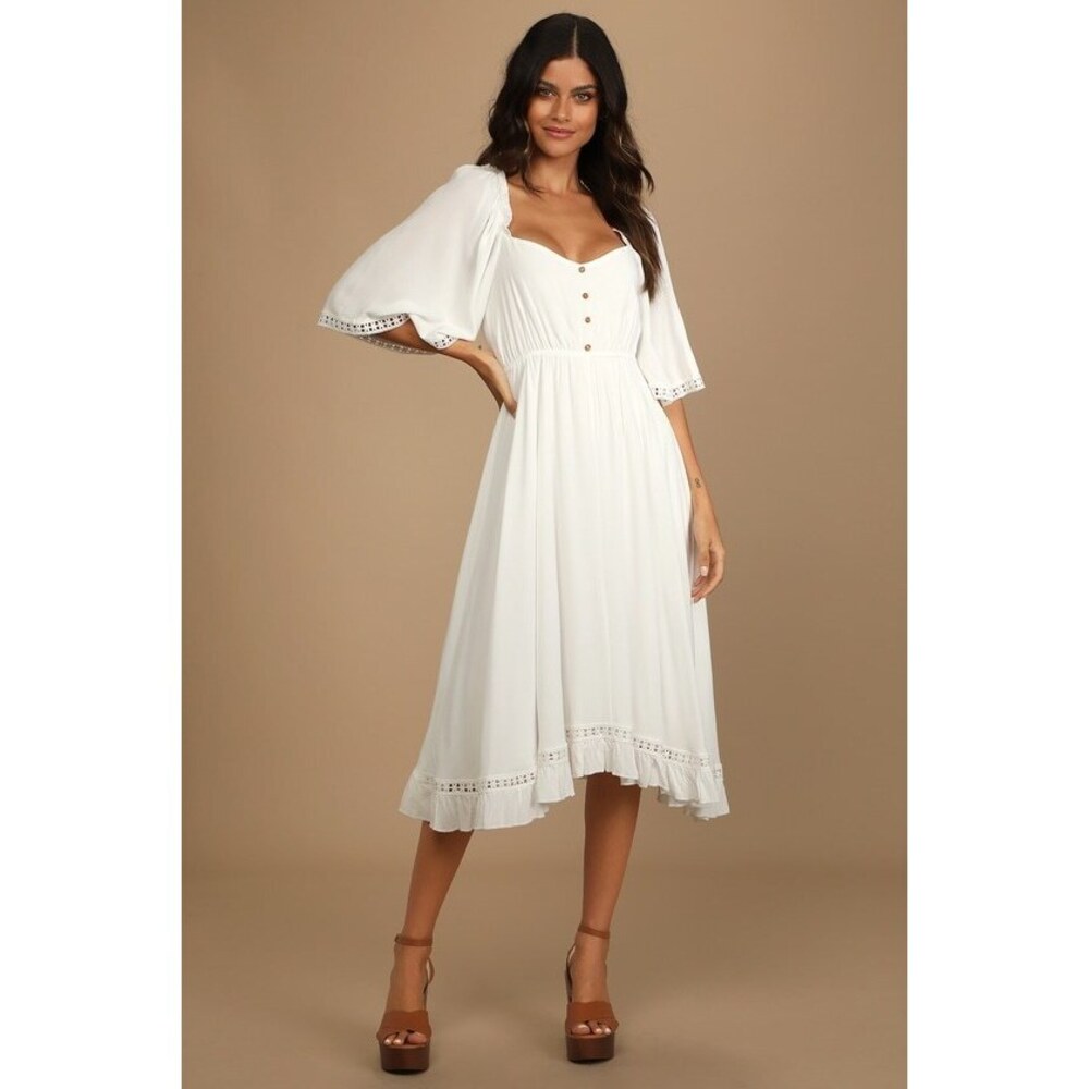 Lulus My Darling Love White Three-quarter Sleeve Handkerchief Dress - Size M